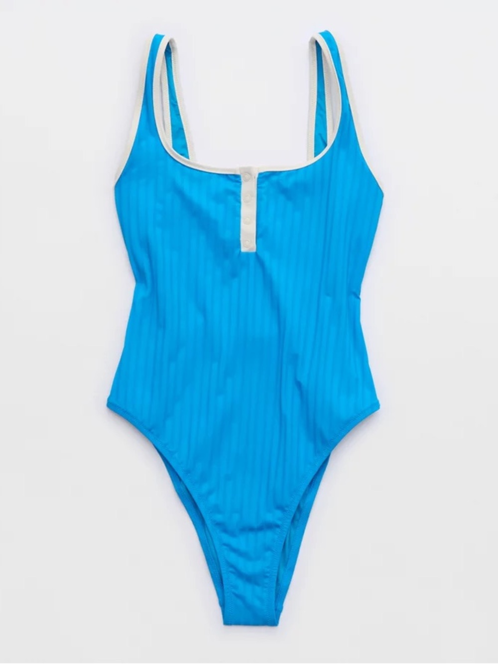 Aerie Blue And Ivory Wide Rib Henley Cheeky One Piece Swimsuit XL